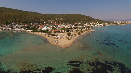 Aerial drone photo of Agistri island with clear waters, Saronic gulf, Greece