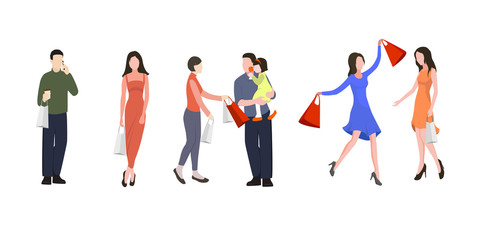 Silhouettes of people in shopping center. Vector illustration. Men and women with packages. 