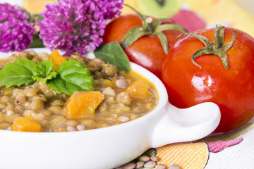 Lentil casserole with tomato on colorful table cloth