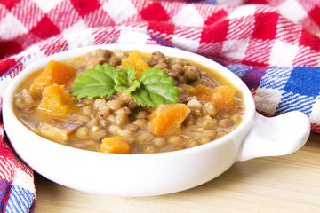 Stewed lentils on table with tablecloth