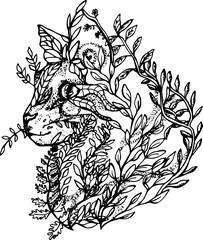Illustration of a cat made of branches and leaves. Black and white drawing of a cat in profile