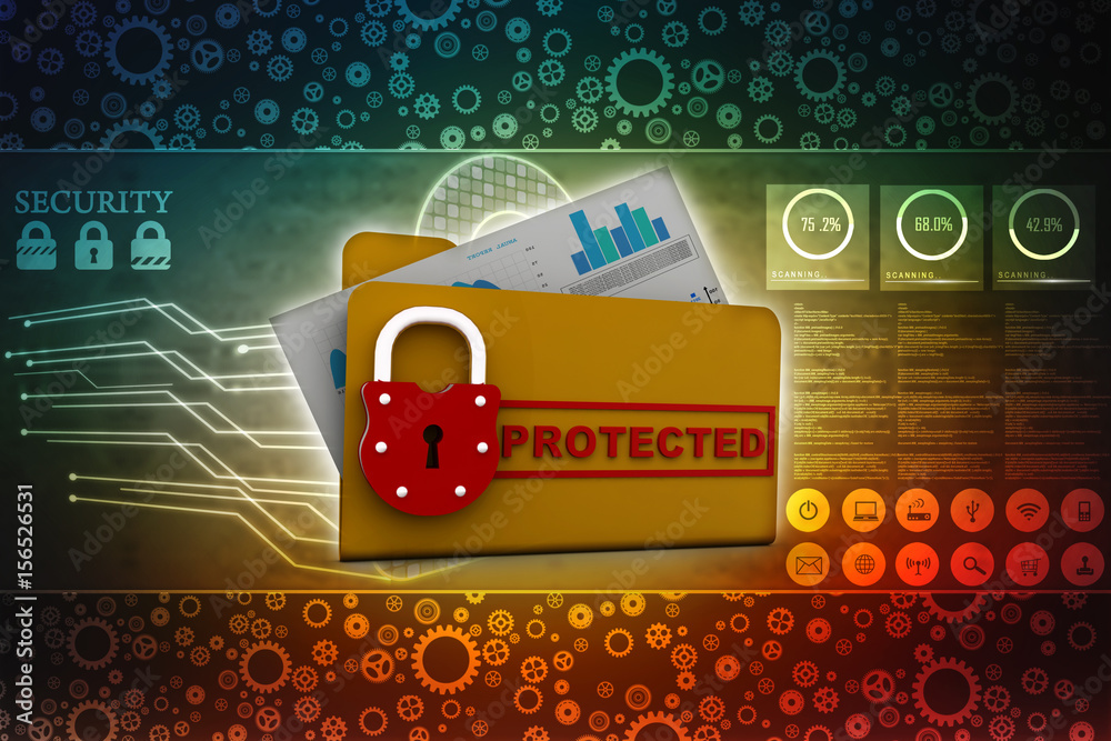 Poster yellow folder and lock. data security concept. 3d rendering
