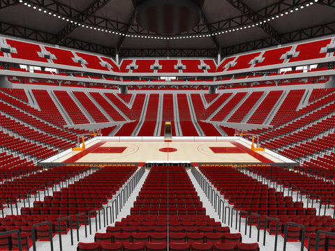 Beautiful modern sport arena for basketball with floodlights white chairs and VIP boxes  for twenty thousand people