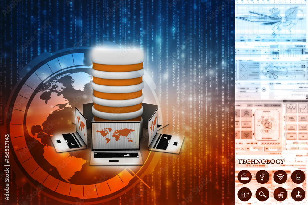 Poster 3d rendering database storage data base in laptop