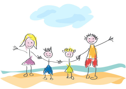 Vector drawing made by a child, happy family on vacation at the beach