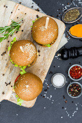 Three beef burger craft on a wooden board on stone pavement, spices, rosemary, pepper, rock salt, turmeric, chili, dried basil, fast food, fashion, colorful