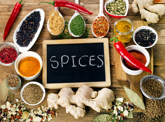 Colorful spices on wooden board