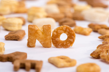 Close-up view of word no and healthy breakfast cereal alphabet isolated on grey