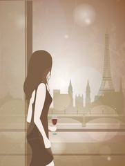 Woman with a glass of wine looks out the window to Paris city landscape. Romantic background with Eiffel tower for design. Evening city silhouette. Beautiful girl in France vector illustration.
