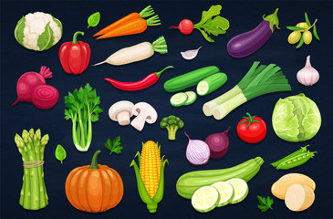 Vector vegetables icons set in cartoon style.