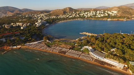 Aerial drone photo of iconic beach of Astir in Vouliagmeni, Athens Riviera, Greece