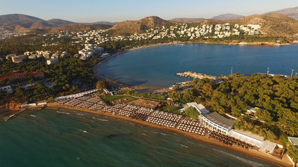 Fototapeta premium Aerial drone photo of iconic beach of Astir in Vouliagmeni, Athens Riviera, Greece