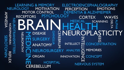 Brain, health word tag cloud. 3D rendering, blue variant.