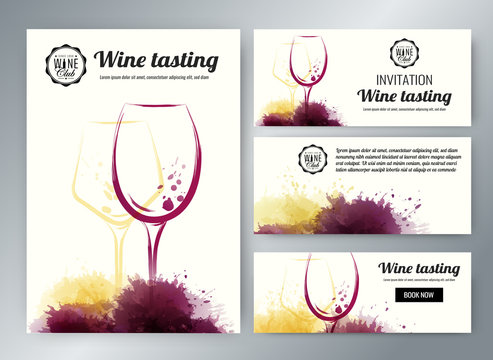 wine glasses with background stains. Promotion cards and banners