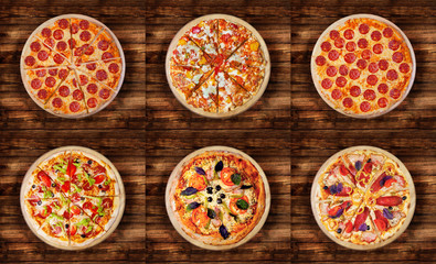 Zes verschillende pizza-sets voor menu. Italiaans eten traditionele keuken. Vleespizza& 39 s met mozzarella, salami, worstjes, pepperoni en ham.