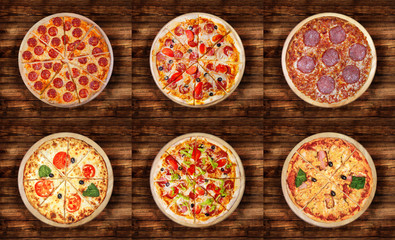 Six pizzas différentes pour le menu. Cuisine italienne cuisine traditionnelle. Pizzas à la viande avec mozzarella, salami, saucisses, pepperoni et jambon.
