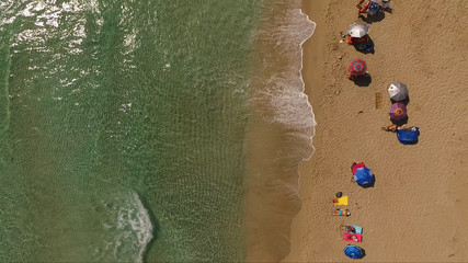Fototapeta na wymiar Aerial drone photo of Elafonisos beach with turquoise clear waters, Peloponnese, Greece