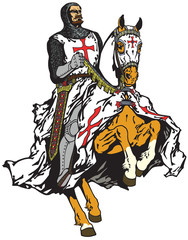 Fototapeta na wymiar medieval knight of Templar order riding a horse in gallop
