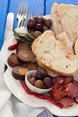 smoked portuguese sausage, olives, cheese and bread