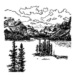 Obraz premium background view of mountain landscape with alpine lake and spruce forest, sketch hand drawn ink graphics vector illustration