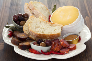 smoked portuguese sausage, olives, cheese and bread