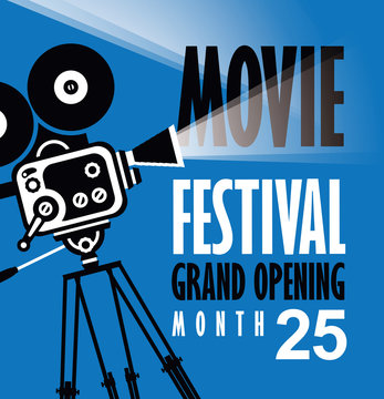 Vector movie festival poster with old fashioned movie camera. Cinema background with words grand opening. Can used for banner, poster, web page, background