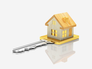 Wooden house figure on the key with reflection. 3D illustration