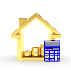 Golden house icon with calculator and the graph of coins inside isolated on white background. 3D illustration