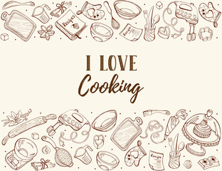 I love cooking. Baking tools in horizontal composition. Recipe book background concept. Poster with hand drawn kitchen utensils.