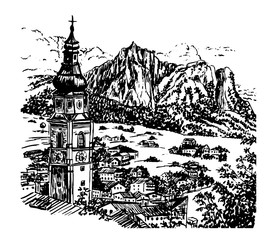 drawing Alpine village in Tyrol with a beautiful bell tower, Austria, sketch hand drawn vector illustration