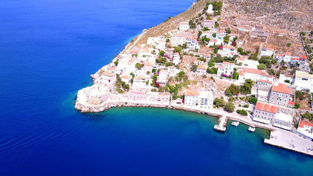 Aerial drone video of Hydra picturesque island, Saronic gulf, Greece