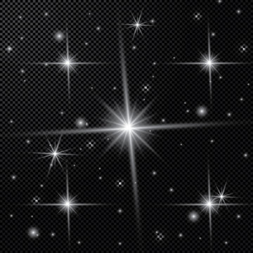 Set of glowing light effects with transparency, isolated on black background vector. Glare, rays, stars.