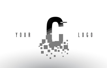 C Pixel Letter Logo with Digital Shattered Black Squares