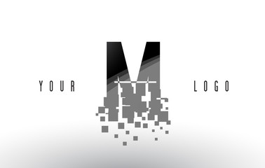 M Pixel Letter Logo with Digital Shattered Black Squares