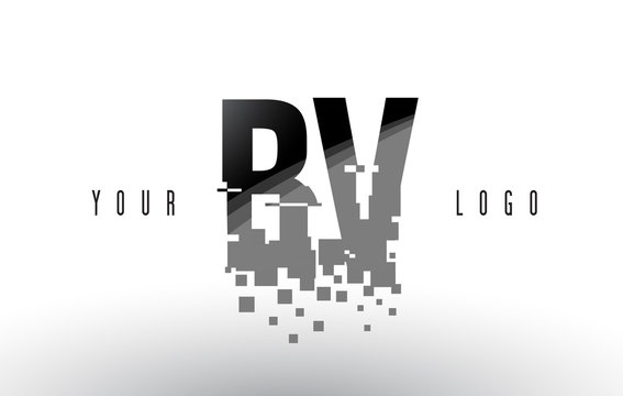 BV B V Pixel Letter Logo with Digital Shattered Black Squares