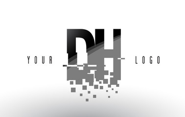 DH D H Pixel Letter Logo with Digital Shattered Black Squares