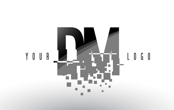 DM D M Pixel Letter Logo with Digital Shattered Black Squares