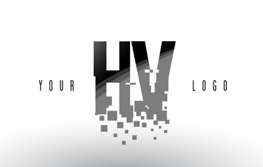 HV H V Pixel Letter Logo with Digital Shattered Black Squares