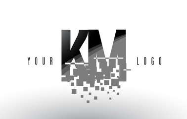 KM K M Pixel Letter Logo with Digital Shattered Black Squares