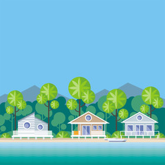 Beach cabanas are surrounded by tropical plants. Beautiful sea landscape. Vector background.