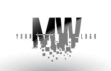 MW M W Pixel Letter Logo with Digital Shattered Black Squares