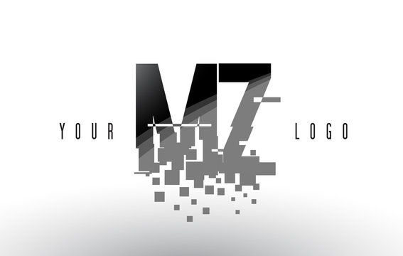 MZ M Z Pixel Letter Logo with Digital Shattered Black Squares