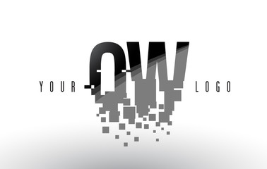QW Q W Pixel Letter Logo with Digital Shattered Black Squares