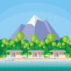 Fototapeta premium Beach cabanas are surrounded by tropical plants. Beautiful sea landscape. Vector background.