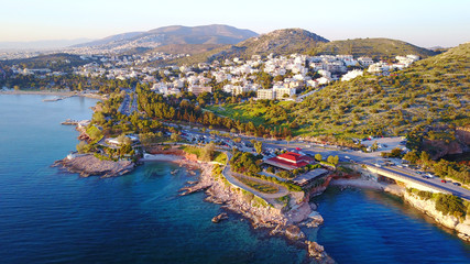 Fototapeta premium Aerial drone photo of lake Vouliagmenis, Attica, Greece