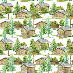 Floral seamless pattern of a wooden house, pine, spruce and deciduous tree.Rural landscape.Watercolor hand drawn illustration.White background.