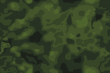 Seamless pattern. Abstract military or hunting camouflage background. Green color shapes with sqare gray grid. - obrazy, fototapety, plakaty