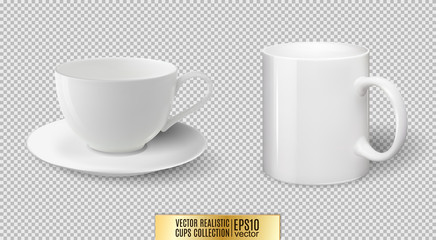 Vector realistic ceramic white cup and mug isolated on transparent background.