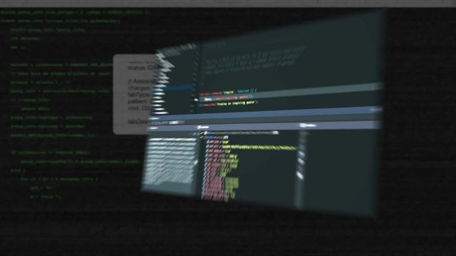 The workflow of a hacker, displayed on a abstract computer monitor. Video can be used to show the process of infecting a computer virus. CG animation with ray of lights. 1920x1080