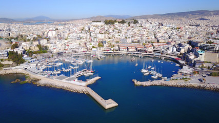 Aerial drone video of Mikrolimano in Peiraeus, Attica , Greece
